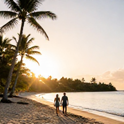 Caribbean Holidays, Martinique Couples Holidays, A couple walking hand in hand along a quiet palm-fringed beach in Martinique at golden hour