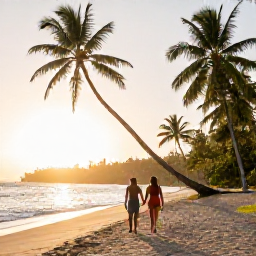 Caribbean Holidays, Martinique Couples Holidays, A couple walking hand in hand along a quiet palm-fringed beach in Martinique at sunrise