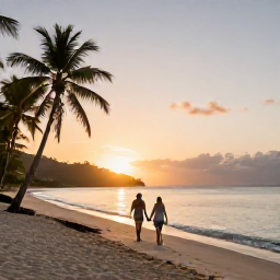 Caribbean Holidays, Martinique Couples Holidays, A couple walking hand in hand along a quiet white-sand beach in Martinique at sunset, with palm trees and calm turquoise water