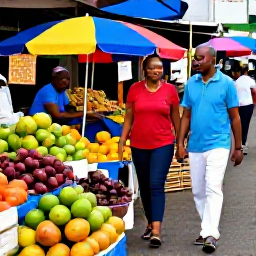 Caribbean Holidays, Martinique Couples Holidays, A couple walking hand in hand through a colourful Martinique market with tropical fruit, spices and local produce
