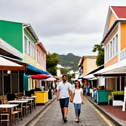 Caribbean Holidays, Martinique Couples Holidays, A couple walking hand in hand through the colourful streets of Fort-de-France, Martinique, with caf&eacute;s, market stalls and historic architecture