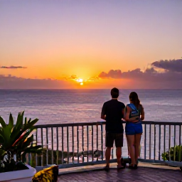 Caribbean Holidays, Martinique Couples Holidays, A couple watching a colourful sunset from a terrace overlooking the Caribbean Sea in Martinique