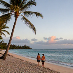 Caribbean Holidays, Martinique Couples Holidays, A relaxed couple walking beside a quiet Caribbean beach in Martinique at sunset, palm trees and turquoise sea