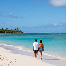 Caribbean Holidays, Martinique Couples Holidays, A relaxed couple walking beside a turquoise Caribbean beach in Martinique during a sunny January morning