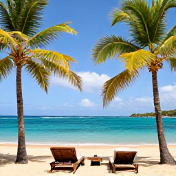 Caribbean Holidays, Martinique Couples Holidays, A secluded golden beach with turquoise water, palm trees and two sun loungers in Martinique