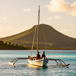 Caribbean Holidays, Martinique Couples Holidays, A traditional sailing boat carrying a couple along the turquoise coastline of Martinique at sunset, with green hills in the background