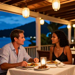 Caribbean Holidays, Martinique Couples Holidays, Couple dining at an outdoor restaurant in Martinique, Creole dishes, French-Caribbean setting and evening lanterns