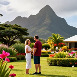 Caribbean Holidays, Martinique Couples Holidays, Couple exploring a lush tropical garden with colourful flowers and volcanic mountains in Martinique