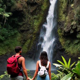 Caribbean Holidays, Martinique Couples Holidays, Couple hiking through lush Martinique rainforest near a waterfall, tropical plants, volcanic hills and soft daylight