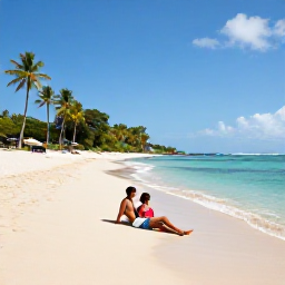 Caribbean Holidays, Martinique Couples Holidays, Couple relaxing on a quiet golden beach near Les Salines, Martinique, with clear water and palm trees
