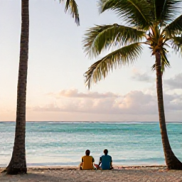 Caribbean Holidays, Martinique Couples Holidays, Couple relaxing on a quiet palm-fringed beach in Martinique in August, turquoise Caribbean sea and warm evening light