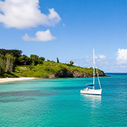 Caribbean Holidays, Martinique Couples Holidays, Couple sailing on a small boat through turquoise water near Martinique, green coastline, hidden coves and bright blue sky