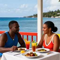 Caribbean Holidays, Martinique Couples Holidays, Couple sharing lunch at a colourful waterside restaurant in Martinique, Creole dishes and tropical drinks on the table