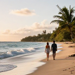 Caribbean Holidays, Martinique Couples Holidays, Couple walking hand in hand along a quiet Martinique beach at sunrise, gentle waves, tropical greenery and soft golden light