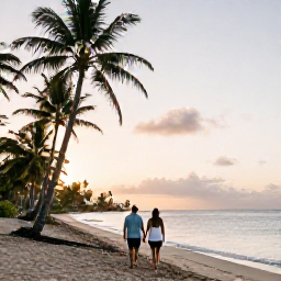 Caribbean Holidays, Martinique Couples Holidays, Couple walking hand in hand along a quiet palm-fringed beach in Martinique at sunset