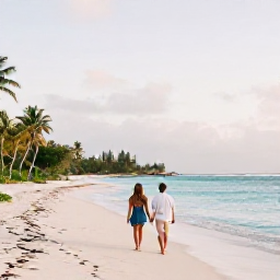Caribbean Holidays, Martinique Couples Holidays, Couple walking hand in hand along a quiet tropical beach in Martinique during November, turquoise sea and soft morning light