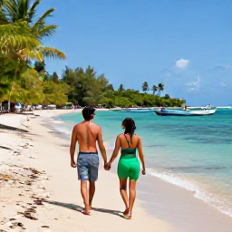 Caribbean Holidays, Martinique Couples Holidays, Couple walking hand in hand along Anse Dufour beach in Martinique, clear water, tropical vegetation and colourful fishing boats