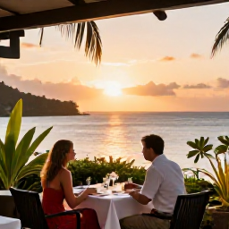 Caribbean Holidays, Martinique Couples Holidays, Elegant seaside restaurant in Martinique at sunset, a couple dining at an outdoor table with tropical plants and views across the calm Caribbean Sea