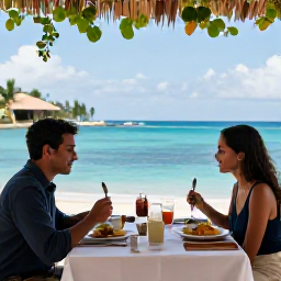 Caribbean Holidays, Martinique Couples Holidays, Elegant seaside restaurant in Martinique with a couple enjoying Creole food and views across the Caribbean Sea