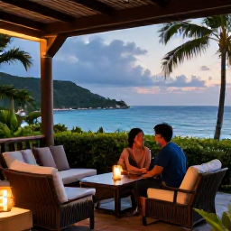 Caribbean Holidays, Martinique Couples Holidays, Romantic boutique hotel terrace in Martinique overlooking the Caribbean Sea at dusk, comfortable seating and tropical greenery