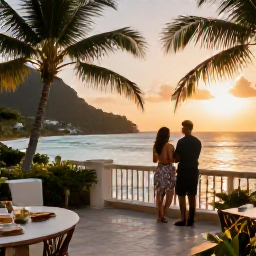 Caribbean Holidays, Martinique Couples Holidays, Romantic boutique hotel terrace in Martinique with a couple looking towards a tropical bay at golden hour