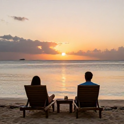Caribbean Holidays, Martinique Couples Holidays, Romantic Martinique beach at sunset with two comfortable loungers, calm Caribbean water and a warm orange sky