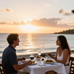 Caribbean Holidays, Martinique Couples Holidays, Romantic Martinique restaurant terrace at sunset, couple dining with Creole dishes and views across a Caribbean bay