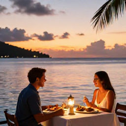 Caribbean Holidays, Martinique Couples Holidays, Romantic sunset dinner for two at a seaside restaurant in Martinique, with lanterns, local food and a calm bay