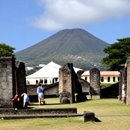 Caribbean Holidays, Martinique Culture Holidays, Historic Saint-Pierre in Martinique with Mount Pel&eacute;e in the background and visitors exploring the ruins