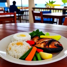 Caribbean Holidays, Martinique Culture Holidays, Traditional Martinique Creole meal served at an outdoor restaurant in August, including grilled fish, rice, vegetables and colourful tropical ingredients