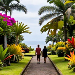 Caribbean Holidays, Martinique Culture Holidays, Visitors walking through a lush Martinique garden with tropical plants, historic paths and views towards the sea
