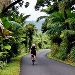 Caribbean Holidays, Martinique Cycling, A cyclist climbing a green mountain road through tropical rainforest near Mount Pel&eacute;e in Martinique