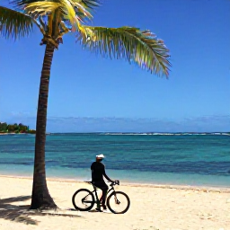 Caribbean Holidays, Martinique Cycling, A cyclist resting beside a quiet turquoise beach near Sainte-Anne, Martinique, with a bicycle, palm trees and bright February sunshine