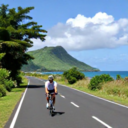 Caribbean Holidays, Martinique Cycling, A cyclist riding along a quiet coastal road in Martinique in June, with tropical hills and the Caribbean Sea in the background