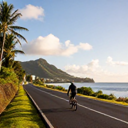 Caribbean Holidays, Martinique Cycling, A cyclist riding along a quiet coastal road in Martinique in September, with tropical hills, sea views and warm sunshine