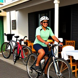 Caribbean Holidays, Martinique Cycling, A friendly cyclist enjoying a Creole lunch at an outdoor restaurant in Fort-de-France, Martinique, with bicycles parked nearby