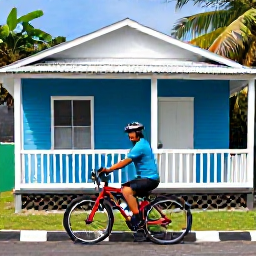 Caribbean Holidays, Martinique Cycling, A friendly cyclist preparing a bicycle beside a colourful guesthouse in Martinique, with helmets, water bottles and tropical vegetation