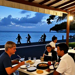 Caribbean Holidays, Martinique Cycling, A relaxed Martinique evening with cyclists enjoying Creole food at an outdoor restaurant near the sea