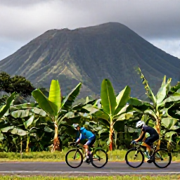 Caribbean Holidays, Martinique Cycling, A road cyclist passing banana plantations and lush rainforest in northern Martinique, with volcanic mountains in the background