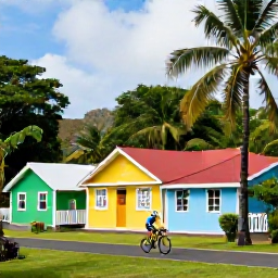 Caribbean Holidays, Martinique Cycling, A road cyclist passing colourful houses and palm trees in a Martinique village, with lush green scenery and bright June skies
