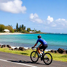 Caribbean Holidays, Martinique Cycling, A road cyclist riding beside a turquoise Caribbean bay in Martinique under warm December sunshine