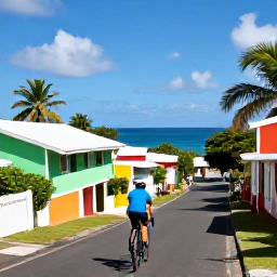 Caribbean Holidays, Martinique Cycling, A road cyclist riding through a sunlit Martinique coastal village in February, with colourful Creole houses, palm trees and the Caribbean Sea