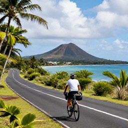 Caribbean Holidays, Martinique Cycling, A touring cyclist riding along a quiet coastal road in Martinique in November, with tropical greenery, blue sea and volcanic hills