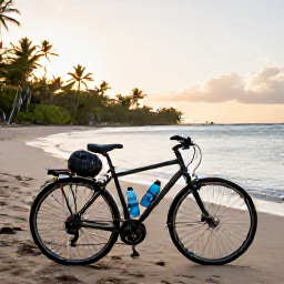 Caribbean Holidays, Martinique Cycling, A well-equipped touring bicycle beside a sandy Martinique beach at sunset, with water bottles, helmet and tropical scenery