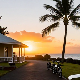 Caribbean Holidays, Martinique Cycling, Comfortable seaside hotel in Martinique at sunset, with bicycles resting nearby and palm trees