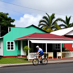 Caribbean Holidays, Martinique Cycling, Cyclist enjoying a roadside caf&eacute; stop in a colourful Martinique village, with Creole houses, tropical plants and local food