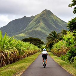 Caribbean Holidays, Martinique Cycling, Cyclist exploring a quiet lane through sugar-cane fields and tropical vegetation in northern Martinique, with green mountains in the background