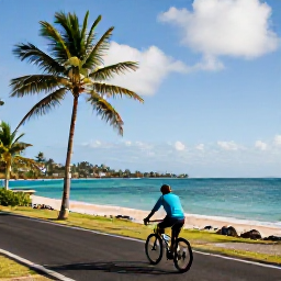 Caribbean Holidays, Martinique Cycling, Cyclist following a scenic road beside a sheltered Martinique beach, with palm trees and turquoise water under soft November sunshine