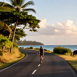 Caribbean Holidays, Martinique Cycling, Cyclist riding a quiet coastal road in Martinique in May, with tropical greenery, blue sea and warm morning light