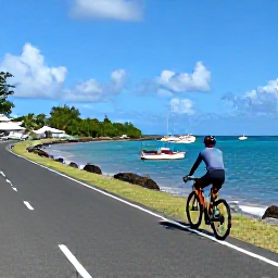 Caribbean Holidays, Martinique Cycling, Cyclist stopping beside a quiet coastal road in Martinique, overlooking turquoise sea, fishing boats and a small Caribbean village